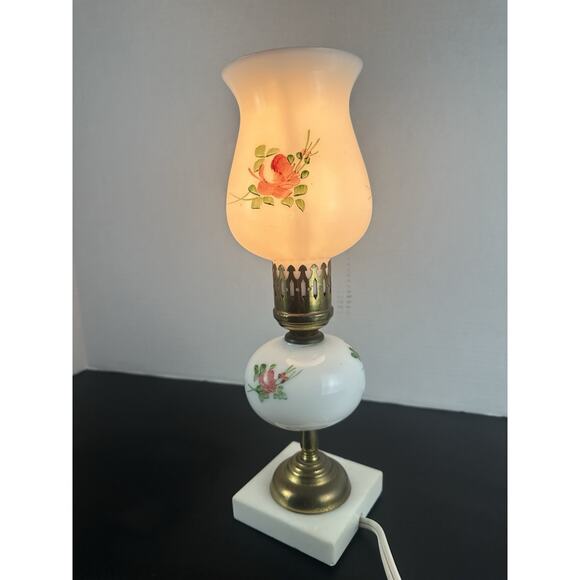 Vintage Hurricane Lamp Painted Milk Glass With Marble Base Shabby Chic - Picture 5 of 9